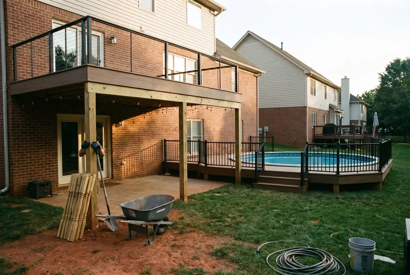elevated deck over a walkout basement with under-deck drainage, Mint Hill (sample photo)